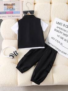 SHEIN Baby Boy Cargo Pocket Vest Set Letter Print Short Sleeve Tee & Casual Pants Black And White Autumn Street Life Casual Graphic Street Fashion Vacation - Black - View 2