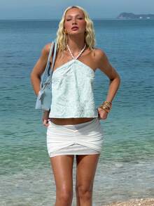 Sundraya Women's Floral Pattern Halter Casual Versatile Daily Wear Top - Baby Blue - View 5