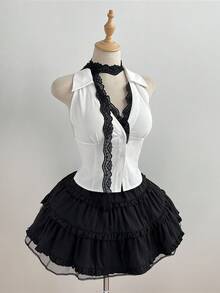 Elamini 女士白色撞色蕾丝V领纽扣收腰修身不对称下摆性感喇叭袖衬衫，欧美夏季风情 - 白色 - 查看 3