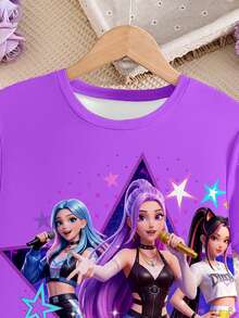 Digital Print Idol Girl Group Tee Dress, Fashionable Casual, Suitable For Tween Girls In Spring/Summer - Multicolor - View 4