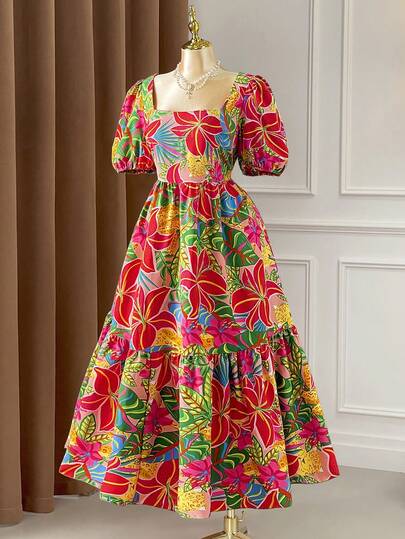 Rometta Đầm maxi nữ cỡ lớn cổ vuông tay cánh hoa in họa tiết nhiều màu sắc, eo xòe.