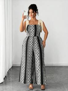 Elenzga Macaquinho Estampado com Laço Decorativo Plus Size - Preto - Visão 7