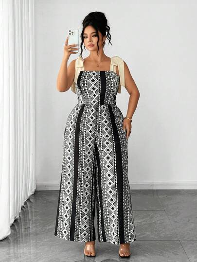 Elenzga Mono de talla grande con lazo decorativo y estampado