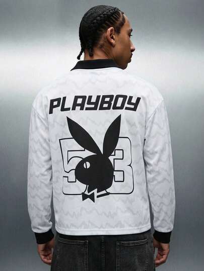 PLAYBOY X SUMWON 男士复古风 Polo 运动衫，长袖网眼 V 领上衣，黑色撞色领口和侧边饰边