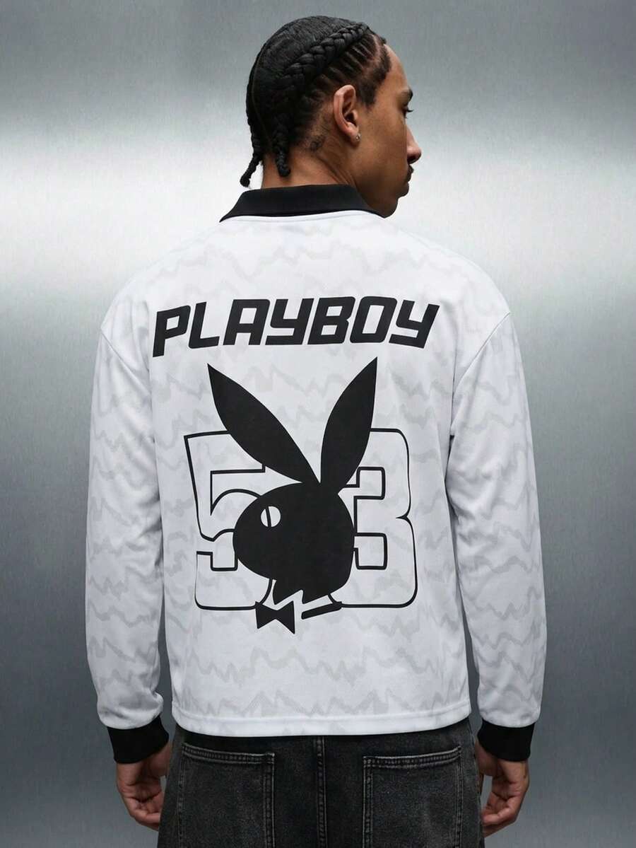 PLAYBOY X SUMWON Camiseta deportiva de manga larga con cuello en V de malla, estilo retro, con cuello y ribetes laterales en contraste negro - Gris - Ver 1