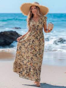 Sylviya 休闲女式褶皱荷叶边短袖收腰荷叶边下摆A字连衣裙，印花图案，适合休闲度假。 - 彩色 - 查看 5