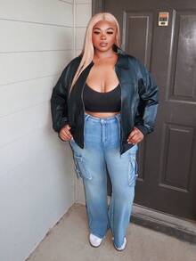 Enliva Plus Size Black Retro Style PU Jacket With Turn-Down Collar, For Winter Faux Leather Jacket Plus Size Leather Jacket, For Apple & Rounded Body Shape - Black - View 5
