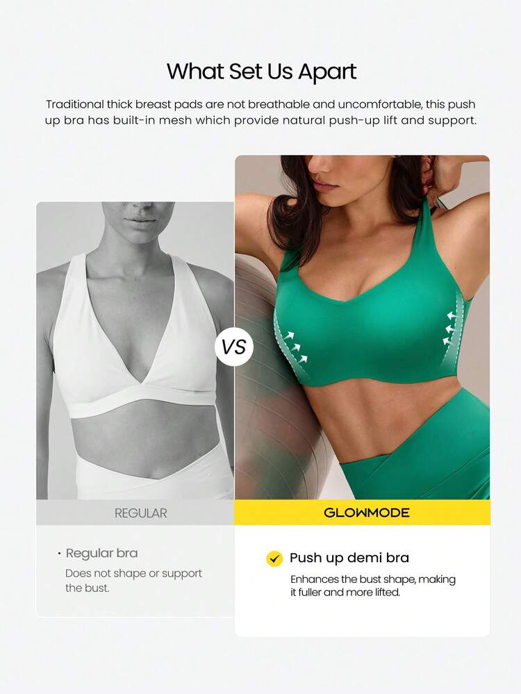FeatherFit™-Sculpt Push-Up Power Play Compressive Built-In Mesh Straps Removable Cups V-Back Demi Sports Bra Medium Impact Running Jogging Workout Gym Training Active