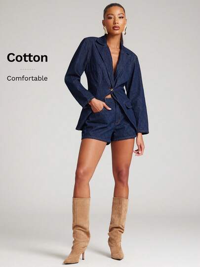 NYA SZN 女士夏季休闲通勤时尚菱形纹理牛仔短裤