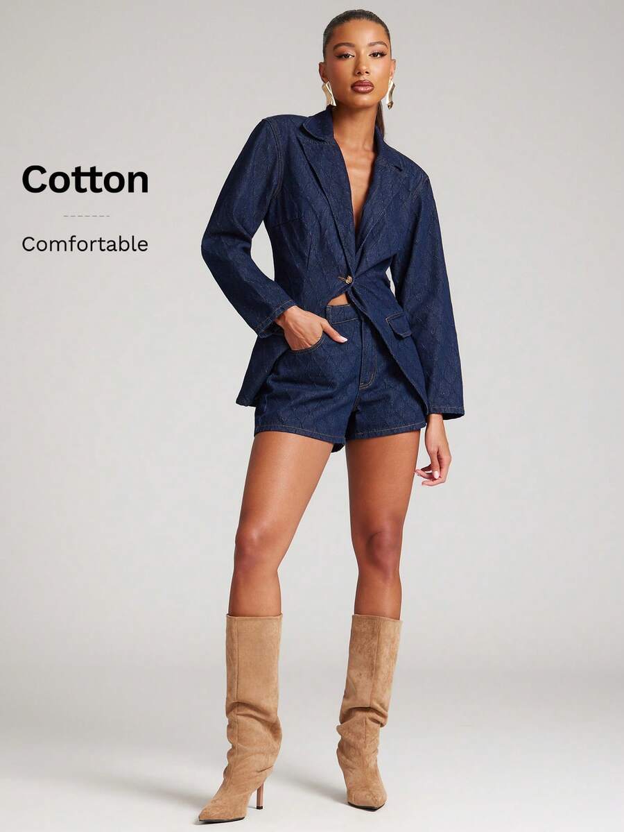 NYA SZN 女士夏季休闲通勤时尚菱形纹理牛仔短裤 - 深色水洗藍 - 查看 1