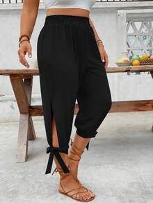Breezaya 大码女式束腰休闲双色裤 - 黑色 - 查看 4