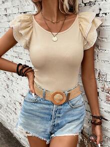 SHEIN Clasi Cap Sleeve Embroidered Floral Casual Elegant Vacation T-Shirt,Summer Top - Apricot - View 4