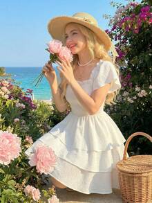 SHEIN Teen Girl Casual Vacation White Textured Square Neck Cap Sleeve Layered Ruffle Hem A-Line Dress - White - View 8