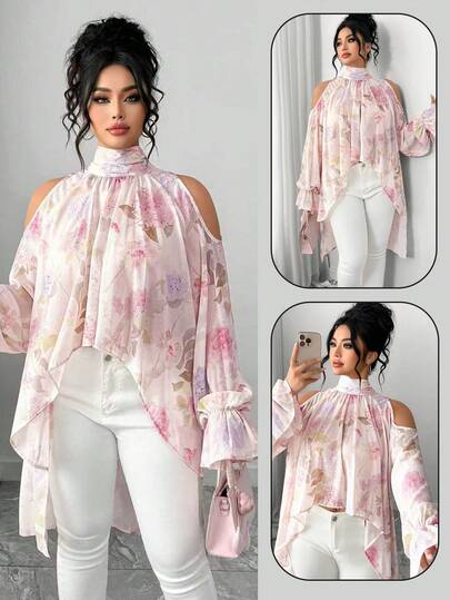 Elenzga Plus Size Women's Elegant Chiffon Long Sleeve Embroidered & Digital Print Semi-Sheer Loose Blouse