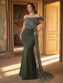 Aureia 加大码优雅浪漫橄榄绿网纱亮片鱼骨装饰超大A字裙，适合婚礼、派对、庆典、正式活动、宴会等场合穿着。 - 橄欖綠 - 查看 2