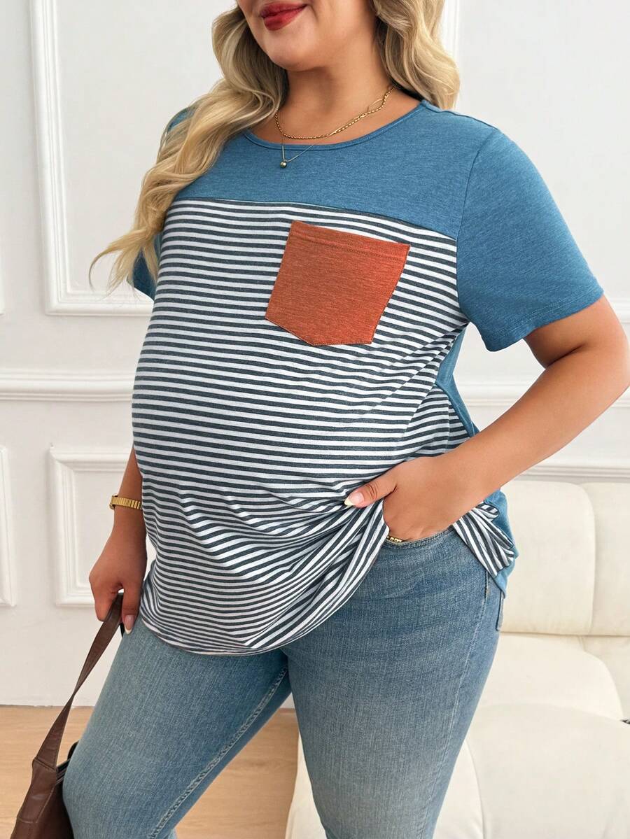 Plussiva Plus Size Maternity Striped Print Pocket Round Neck Short Sleeve Top Tshirts For Women Casual Tshirt Summer Tops Ladies New T Shirt Blouses - Multicolor - View 1