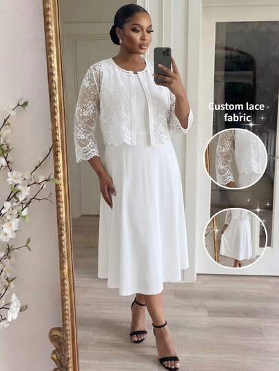 SHEIN Lady סט שני חלקים לנשים במידות גדולות עם צווארון עגול בצבע אחיד וקרדיגן תחרה לחופשה קז'ואל