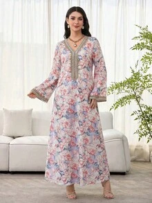 Al Najma 女士花卉印花钩编拼接长袖连衣裙，优雅端庄的A字型卡夫坦长袍，适合晚宴/婚礼宾客/周年纪念/日常穿着 - 淺粉色 - 查看 4