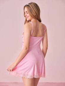 SHEIN 甜美蕾丝拼布女士睡衣，柔和色调 - 粉色 - 查看 2