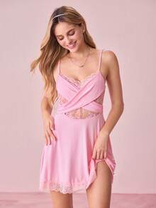 SHEIN 甜美蕾丝拼布女士睡衣，柔和色调 - 粉色 - 查看 6