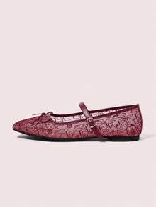 CUCCOO DOLLMOD Women's Wine Red Mesh Embroidered Floral Pattern With Cute Bow Decor French Style Breathable Mary Jane Flat Shoes, Mesh Material Suitable For Spring And Summer - Burgundy - View 2
