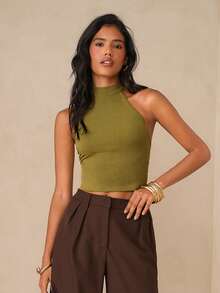 SHEIN Glamour Y2K Sexy Backless Halter Neck Camisole For Women, Summer Vacation Street Style High Neck Top Khaki Top Backless Halter Top Earthy Tops - Green - View 3