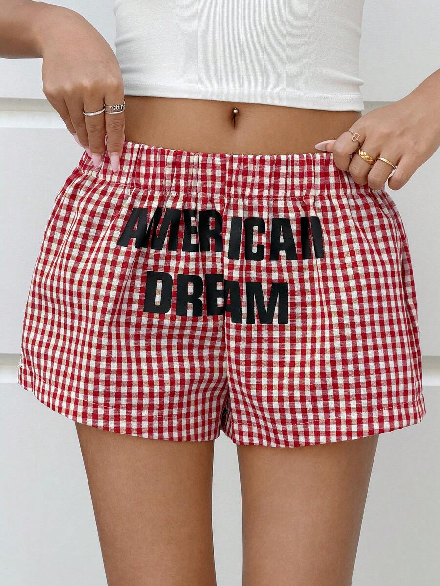 Muchica Shorts Casuais Femininos com Estampa Xadrez e Letra, Cintura Elástica, Verão - Vermelho - Visão 1