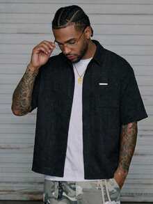 AXEPEAK Men's Casual Shiny Short Sleeve Shirt, Summer - Black - View 1