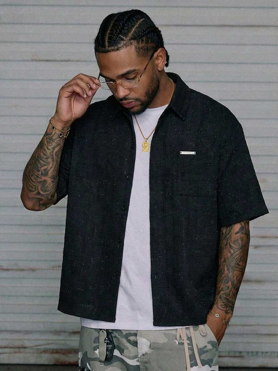 AXEPEAK Men's Casual Shiny Short Sleeve Shirt, Summer - Black - View 1