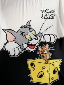 TOM & JERRY X SHEIN Bộ đồ ngủ nam in hình hoạt hình, gồm áo tay ngắn cổ tròn và quần short cạp chun. - Đen và trắng - Xem 4