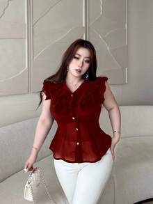 Vibekara Blus Seksi Berkerah V dengan Hiasan Rumbai Bahan Chiffon dan Lengan Pendek, Pas Badan untuk Wanita, Populer di Musim Semi/Panas - Merah - View 4