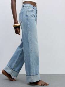 Maija Jeans de pierna ancha con bolsillos sesgados y puños, de uso casual y diario para mujeres - Lavado ligero - Ver 6