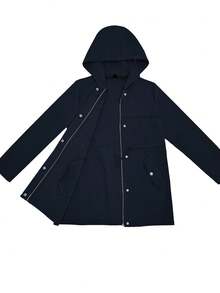 EMERY ROSE 女士春秋季星形印花纯色抽绳腰带拉链连帽外套 - 藍色 - 查看 6