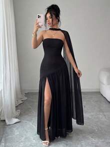 INAWLY Women's Elegant Solid Color Split Hem Dress, Summer - Black - View 8