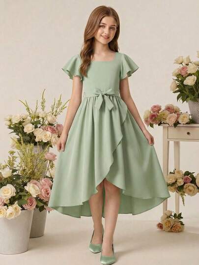 1 pieza Vestido elegante para niñas con manga corta, lazo, bajo asimétrico, adecuado para reuniones y salidas de primavera/verano