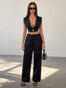 GlowEve 女士撞色蕾丝金属单扣短款背心和裤子时尚套装 - 黑色 - 查看 3