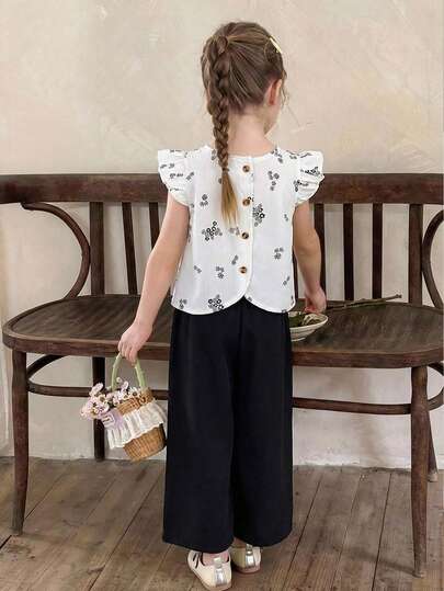 Elladie kids 女童（小号）纹理面料短袖纽扣后背设计休闲裤T恤套装，可爱碎花短泡泡袖夏季女童装