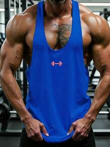 GymBeat Men's Barbell Print Casual Fitness Workout Tank Top, Gym - Blue - View 4