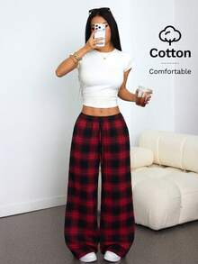 SHEIN PETITE 宽松红黑格子印花斜插口袋抽绳休闲裤 - 紅色 - 查看 4