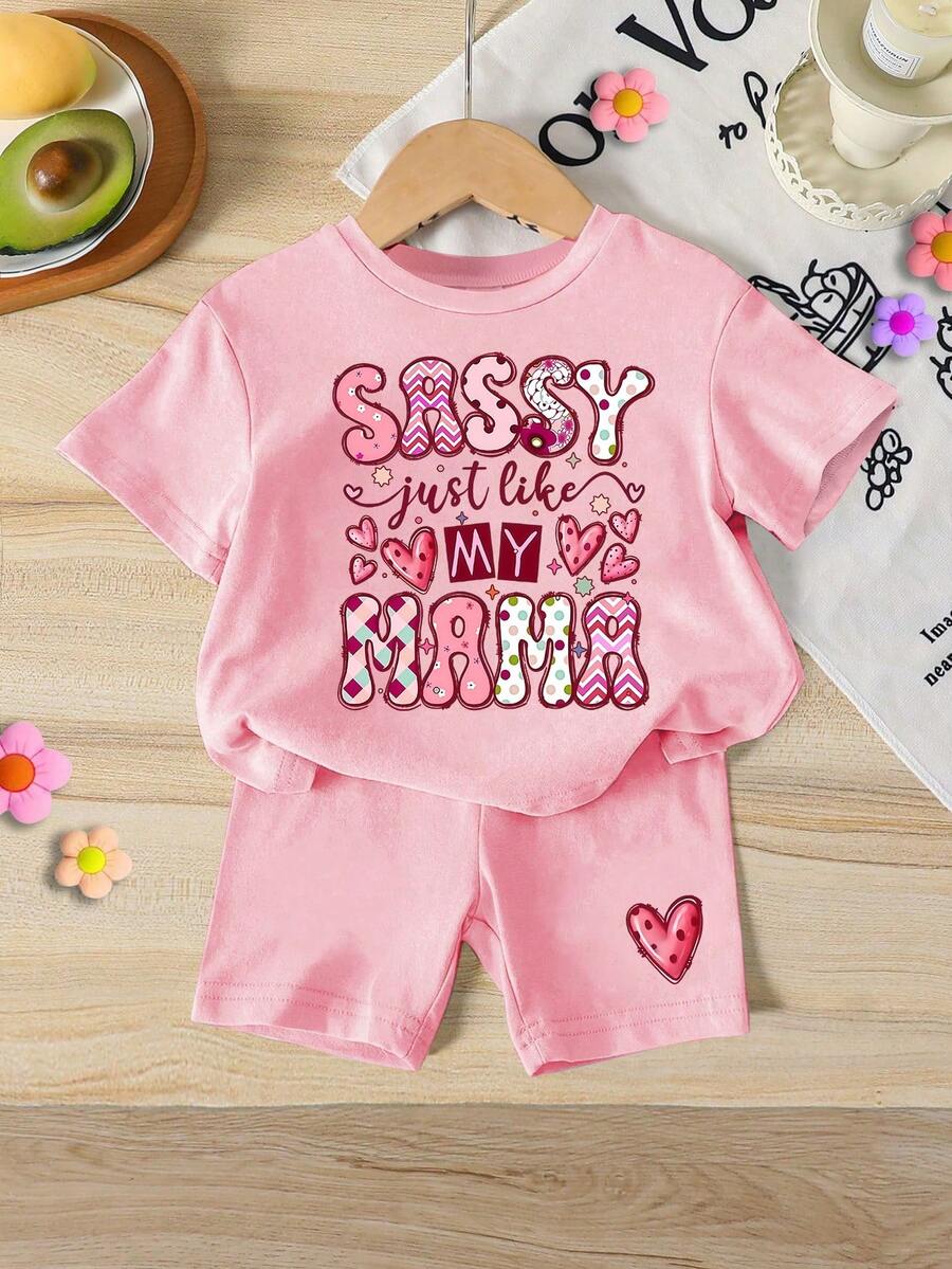 SHEIN GraphicGems 一套女童休闲可爱英文印花短袖T恤和短裤套装，适合夏季外出穿着 - 彩色 - 查看 1