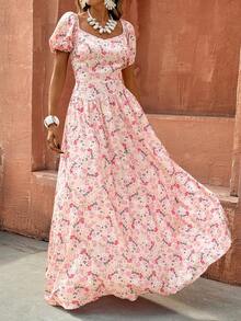 Selianne Đầm chữ A tay phồng, in hoa, thắt eo, màu hồng, thích hợp mặc đi nghỉ mát, mùa xuân/hè. - Nhiều màu - Xem 5