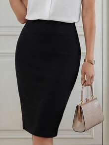 EMERY ROSE Solid Wideband Waist Pencil Skirt - Black - View 5