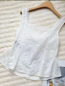 DAZY Women's Elegant Solid Color Lace Trim Embroidered Front Button Camisole, Summer Vacation Babydoll Top - White - View 4