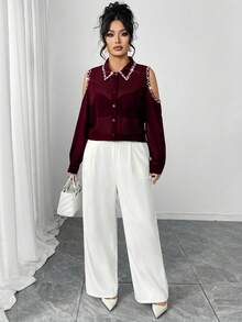 Elenzga Plus Size Faux Pearl Hollow Front Button Long Sleeve Shirt - Burgundy - View 3