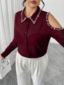Elenzga Plus Size Faux Pearl Hollow Front Button Long Sleeve Shirt - Burgundy - View 6
