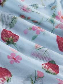 ROMWE Kawaii Áo ống dáng lệch vạt in hình dâu tây mùa hè, áo kiểu vải lưới phong cách Y2K dành cho nữ. - Màu xanh nhạt - Xem 3