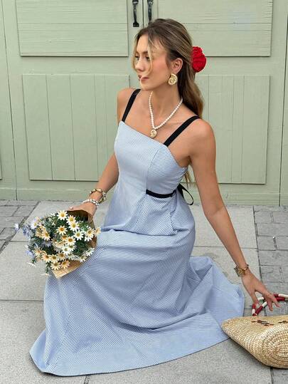 Serisse Vestido casual de mujer con rayas, espalda descubierta y tirantes con lazo