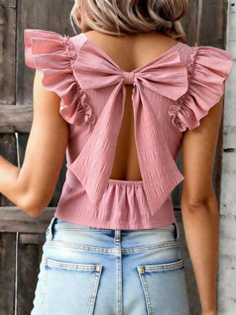 Sparklyn 少女优雅粉色V领梭织衬衫,荷叶边袖口,后背蝴蝶结设计,修身短款上衣,百搭实用,可搭配裙子、喇叭裤、阔腿裤、紧身裤、短裤。 - 粉色 - 查看 1