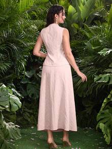 Modelyn 女士春夏提花面料时尚领饰收腰优雅两件套 - 粉色 - 查看 3