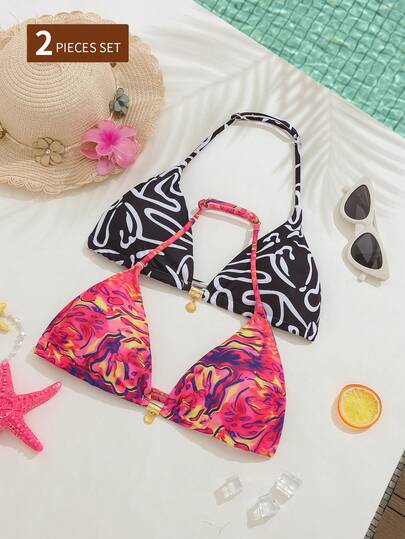 SHEIN Teen Girls Striped Knit Bikini Sets, Black & White, Triangle Cup Halter Design With Metal Decor, Fashionable & Elegant, Suitable For Swimming, Beach, Pool, Summer Vacation, Holiday